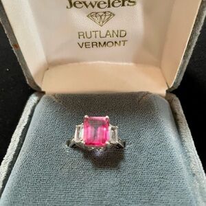 White Gold 4 ct Pink Topaz Gem Stone Ring w Swarovski Crystals and diamond chips